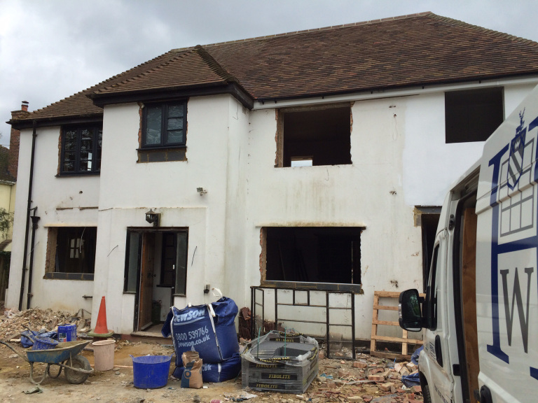 Front Facade of House being painted - project overseen by Sarah Maidment, interior designer, Berkhamsted, Hertfordshire